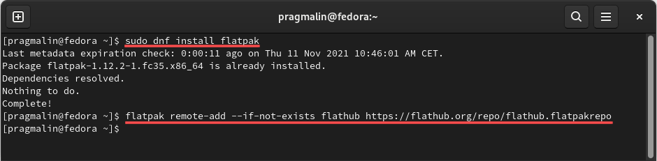 Terminal screenshot showing you how to install the flatpak utility and how to add the remove flathub repository.