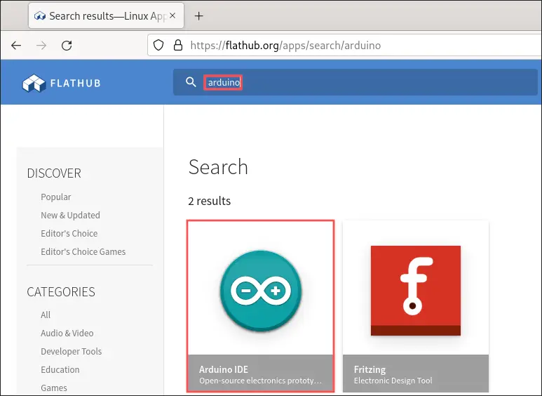 Web browser screenshot that shows you how to located the Arduino IDE on the Flathub website.
