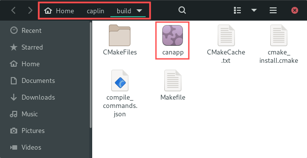 File manager screenshot that shows the location of the canapp executable, after building the CAPLin node application. The executable is located in the "build" subdirectory.