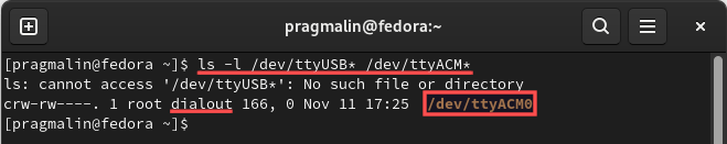 Terminal screenshot that shows the output of listing all USB serial devices on your Linux system. It is used to identify the serial port device name of the connected Arduino board.