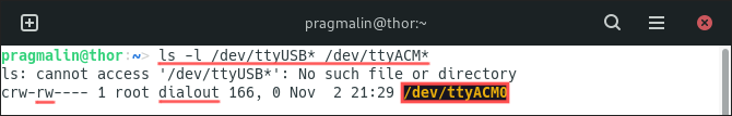 Terminal screenshot that shows the output of the "ls -l" command for listing all /dev/ttyUSB and /dev/ttyACM devices.