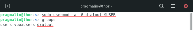 Terminal screenshot showing you how to add your user to group dialout with the help of the usermod command. Your user needs to be a member of group dialout to be able to access the serial port device on Linux.