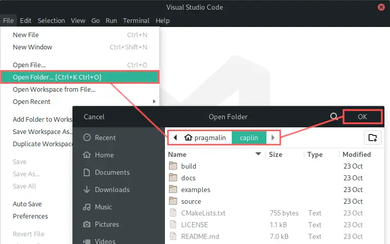 Visual Studio Code screenshot that shows how to import the CAPLin CMake project.