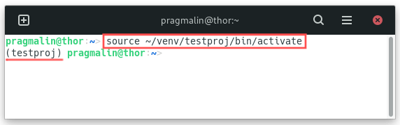 Terminal screenshot that shows you how to activate a Python virtual environment by loading the contents of the bin/activate file with the source command.