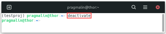Terminal screenshot that shows you how to deactivate a Python virtual environment.