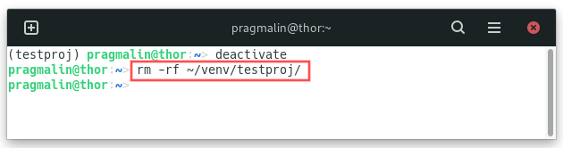 Terminal screenshot that shows you how to delete a previously created Python virtual environment.