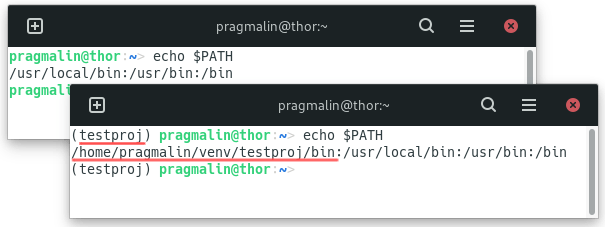 Terminal screenshot that clarifies that the bin directory of a Python virtual environment gets added to the PATH variable, after activating the virtual environment.