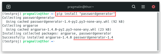 Terminal screenshot that shows you how to install a Python package from PyPI into the newly created virtual environment, with the help of pip.