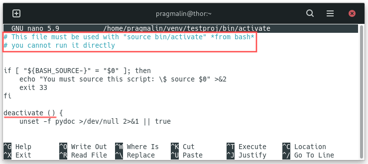 Nano text editor screenshot showing the contents of the bin/activate file of a Python virtual environment.