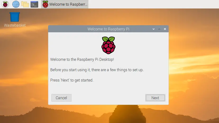 Screenshot of what the Raspberry PI operating system desktop environment looks like, after the first successful boot from the USB drive.