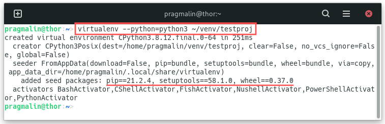 Terminal screenshot that shows how to create a Python virtual environment with the help of the virtualenv program.