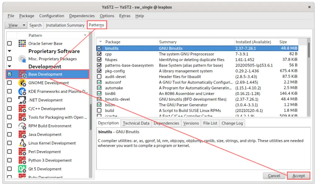 YaST screenshot that shows you how to insttall patterns devel_basis on openSUSE, which is the equivalent of build-essential on Debian and Ubuntu.