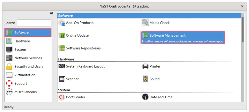 Screenshot of YaST illustrating how to open the Software Management window, for installing new software packages and patterns.