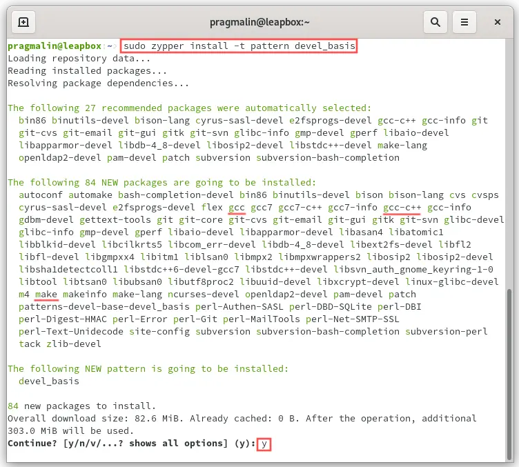 Terminal screenshot that shows you how to install the devel_basis pattern on openSUSE, which is the equivalent of build-essential on Debian and Ubuntu.