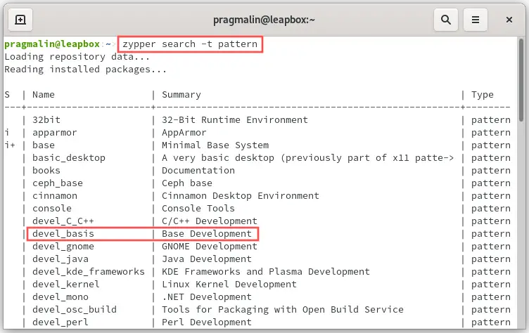 Terminal screenshot that shows the output of command "zypper search -t pattern" to list all available and installable patterns on openSUSE Leap or Tumbleweed.