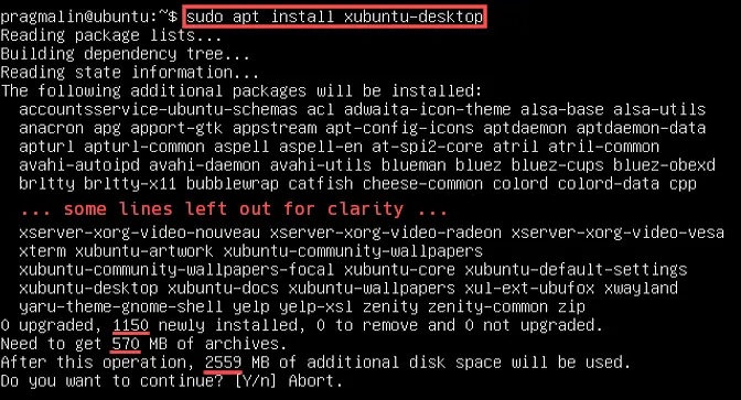 Screenshot of the command "sudo apt install xubuntu-desktop" used to install Xubuntu on your Raspberry PI.
