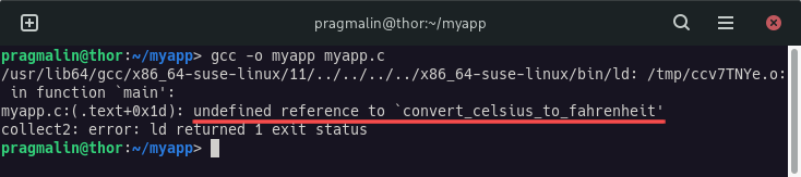 Output of compiling and linking an application using a shared library. It shows a linker error, because no information was provided about where to find the shared library.