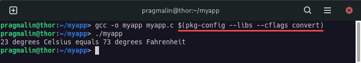 Output of compiling and linker an application that uses a shared library. This time everything builds without errors, because pkg-config was used to pass information about the shared library to gcc.