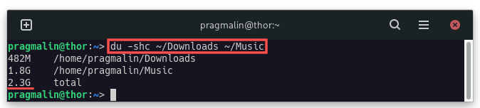 Screenshot of running "du -sh ~/Downloads ~/Music" on the terminal command line for listing the directory size of both the Downloads and Music subdirectories inside your home directory.