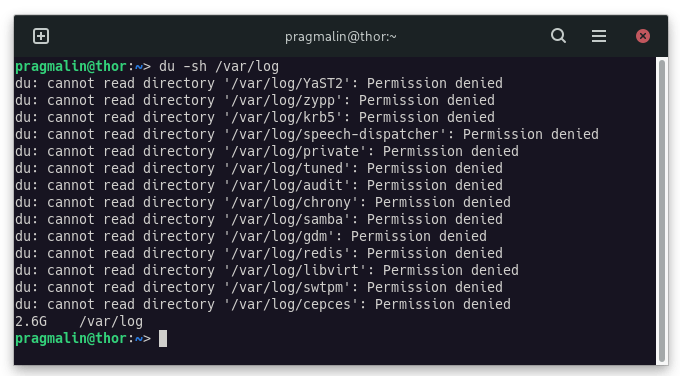 Terminal output showing "permission denied" errors, when trying to list the directory size on a directory where your user does not have full read permission.