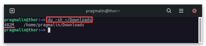 Screenshot of running "du -sh ~/Downloads" on the terminal command line for listing the directory size of the Downloads directory in your home directory.