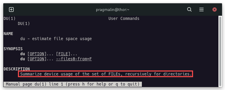 Screenshot of the "du" program's man page.