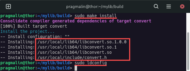 Terminal output that shows the output of installing the shared library, based on the CMake generated build environment.