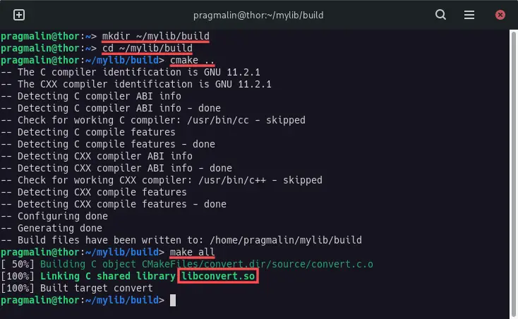 Terminal output of the first attempt to build the shared library with the help of CMake.