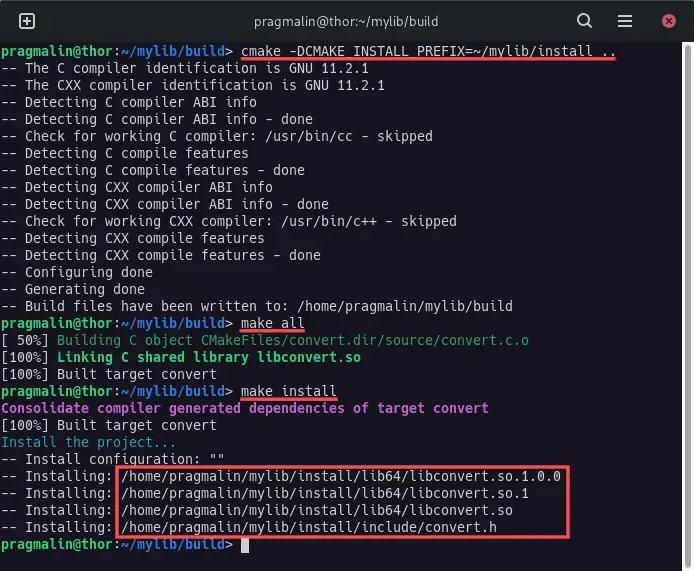 Terminal screenshot that shows you how to install the shared library in a different directory with the help of the CMake CMAKE_INSTALL_PREFIX variable.