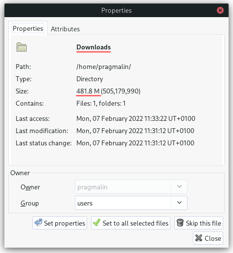 Nautilus file manager screenshot that show the properties dialog of a directory, including its size and the total number of files it contains.