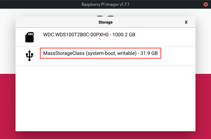 Raspberry PI Imager screenshot, showing you how to select the SD card as the storage from writing the Ubuntu server image to.