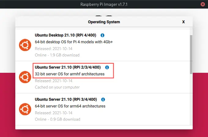 Raspberry PI Imager screenshot showing you how to select Ubuntu Server 21.10 as the base for installing Xubuntu later on.