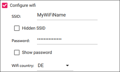 Raspberry PI Imager advance options dialog screenshot, showing you how to configure the Wifi connection.