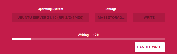 Raspberry PI Image screenshot, showing you the progress of writing the Ubuntu Server 21.10 image to the SD card.