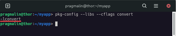 Terminal screenshot that shows the output of running the pkg-config program manually, to inspect what it does.