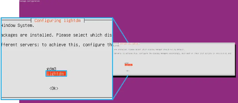 Screenshot that shows how to select lightdm as the display manager, while installing Xubuntu on your Raspberry PI.