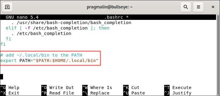 Screenshot of editing the .bashrc file with the Nano editor to add the .local/bin directory to the PATH variable.
