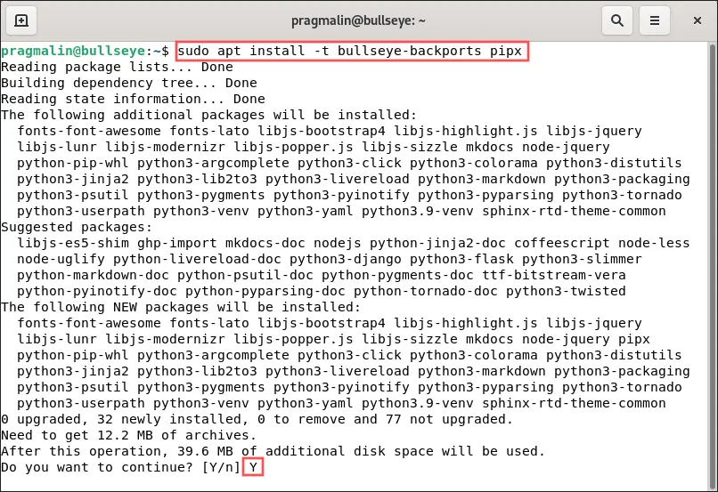 Terminal screenshot showing you how to install a package from the Debian Backport repository with APT. Package pipx is used in the example.