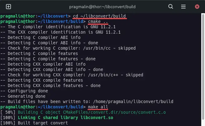 Terninal screen showing the output of building the libconvert shared library with CMake and the GCC toolchain.