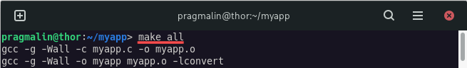 Output of building the application with GNU Ma,e, a Makefile and the GCC toolchain, while also linking the libconvert shared library.