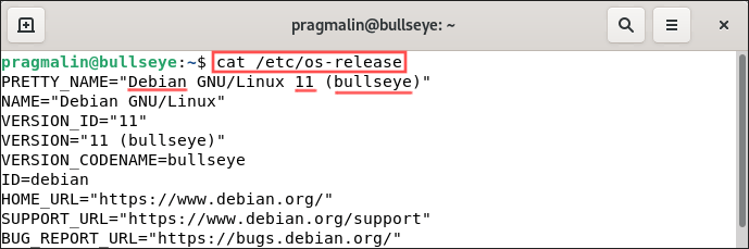 Terminal screenshot showing the output of commad "cat /etc/os-release" to determine the Debian stable version and specifically the distribution's codename.