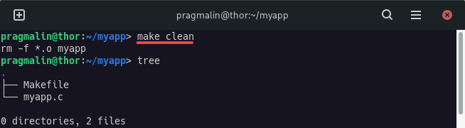 Showing the directory contents after running the "make clean" command. All object files and the executable were removed. Just the orginal source file and Makefile remain.