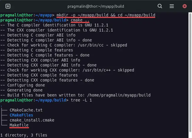 Screenshot of generating the build environement with CMake, using the "cmake.." command. It highlights that CMake automatically generated the Makefile for the application.