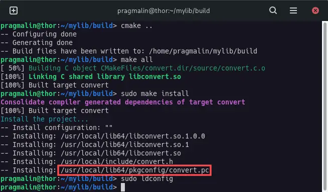 Output of the CMake installation procedure of the shared library, including the pkg-config .pc file.