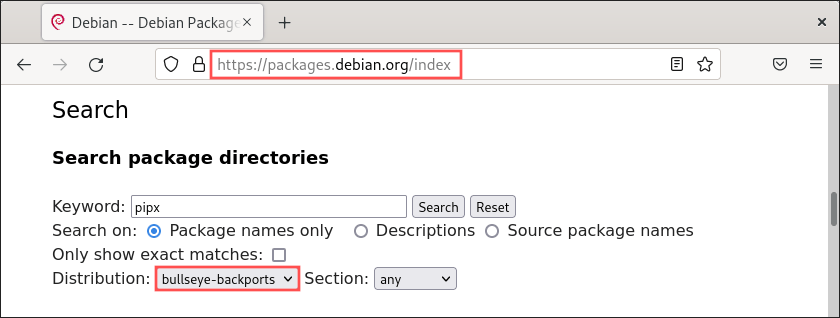 Web browser screenshot that shows the pageon the Debian website where you can search for specific packages in the Debian Backports repository.