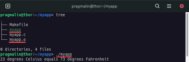 Showing the directory contents of the application, after building it. It highlight the created object file and the create executable.