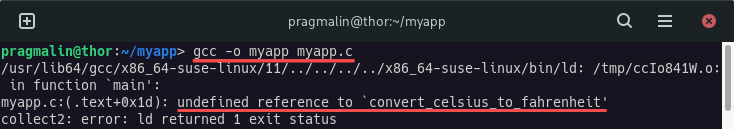 Screenshot that shows the undefined reference link error, when building the application with GCC, without properly specifying the shared library.