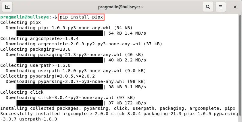 Terminal screenshot that shows you how to install pipx with the help of pip.