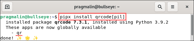 Terminal screenshot that shows you how to install the qrcode python application with pipx.