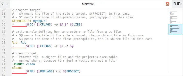 Makefile screenshot that highlight that you need TAB characters for rules in a target.